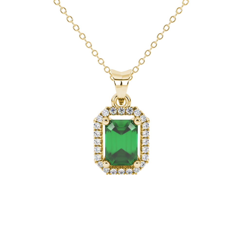 Emerald cut green gemstone halo pendant with round diamond accents