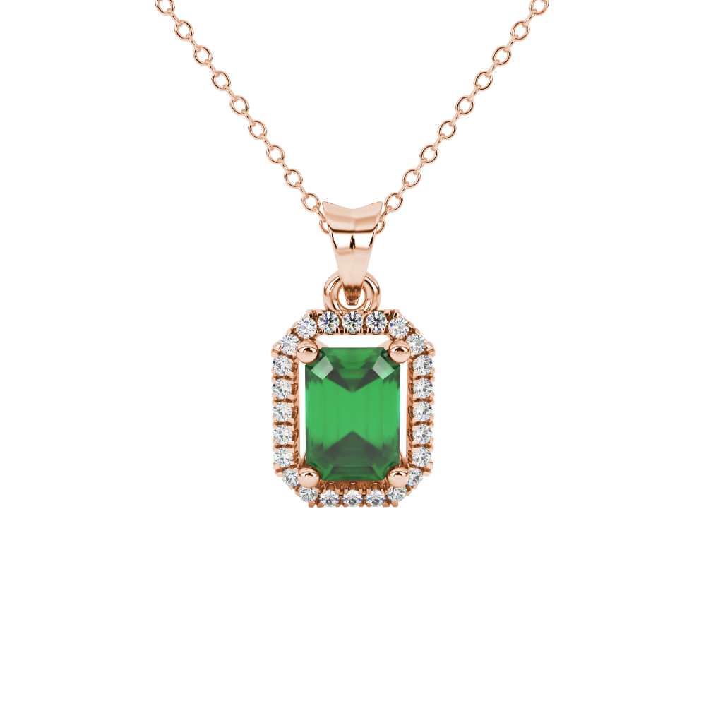 Emerald cut green gemstone halo pendant with round diamond accents