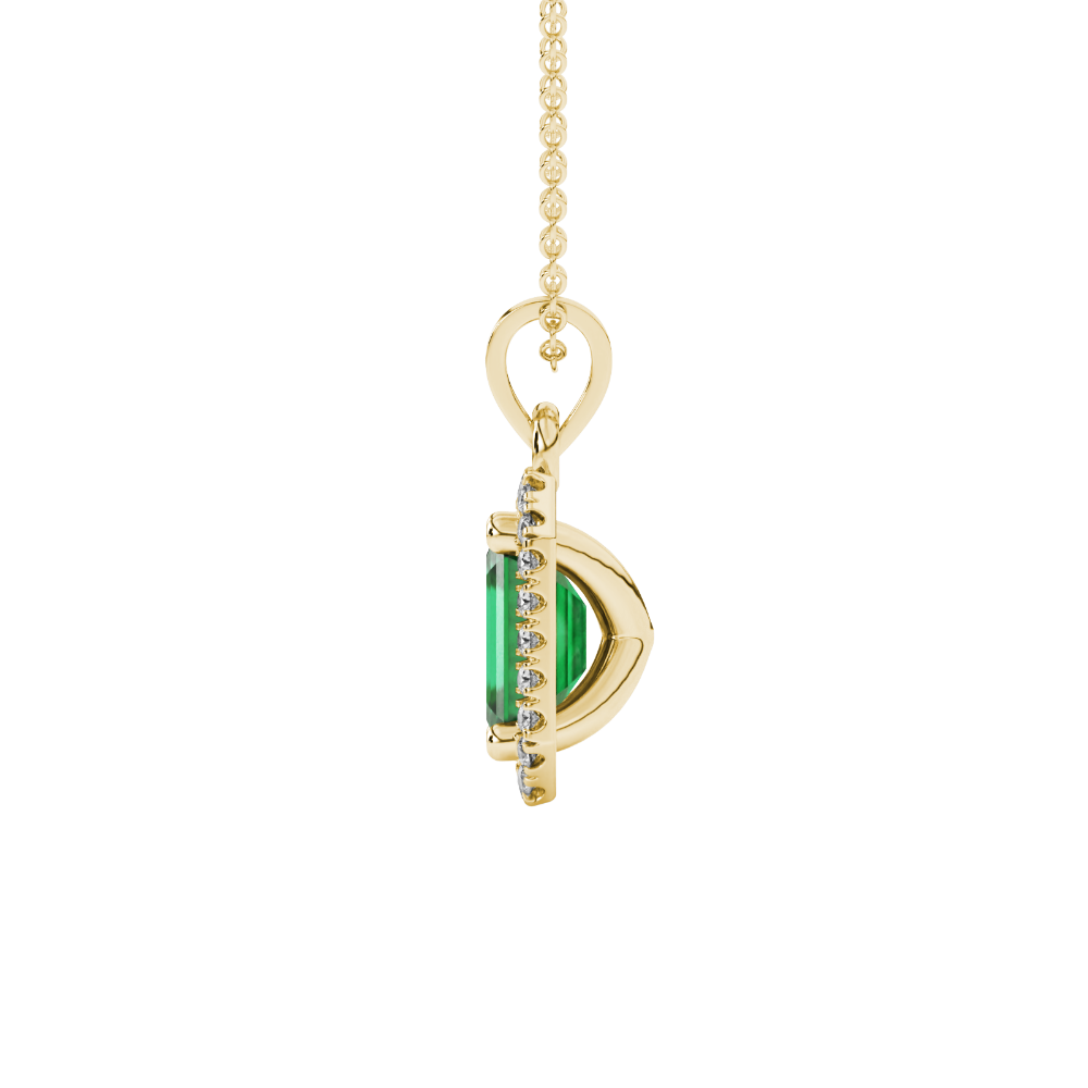 Emerald cut green gemstone halo pendant with round diamond accents