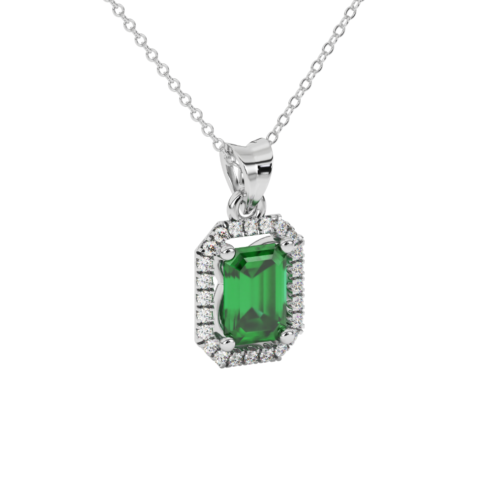 Emerald cut green gemstone halo pendant with round diamond accents