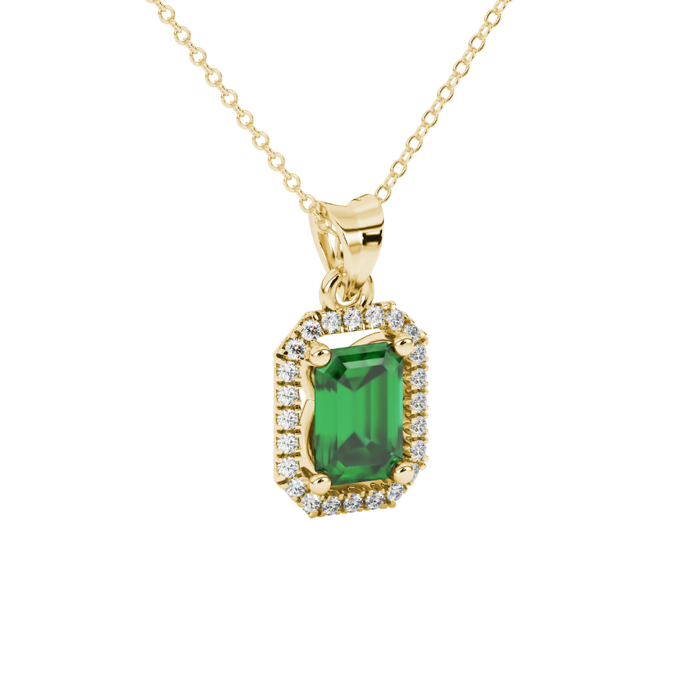 Emerald cut green gemstone halo pendant with round diamond accents
