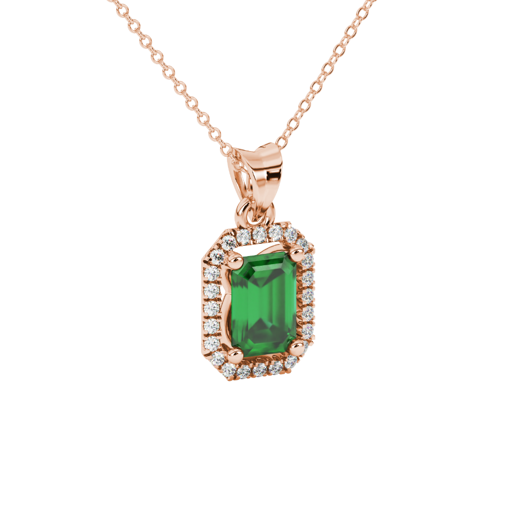 Emerald cut green gemstone halo pendant with round diamond accents