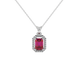 Emerald cut red gemstone halo pendant with round diamond accents