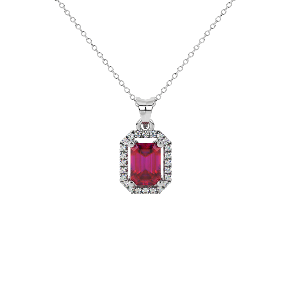 Emerald cut red gemstone halo pendant with round diamond accents