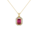 Emerald cut red gemstone halo pendant with round diamond accents