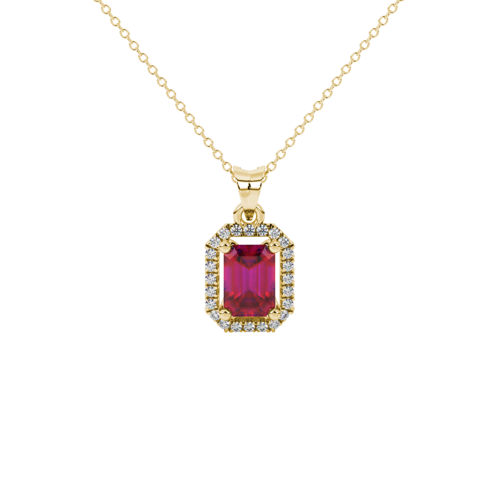 Emerald cut red gemstone halo pendant with round diamond accents