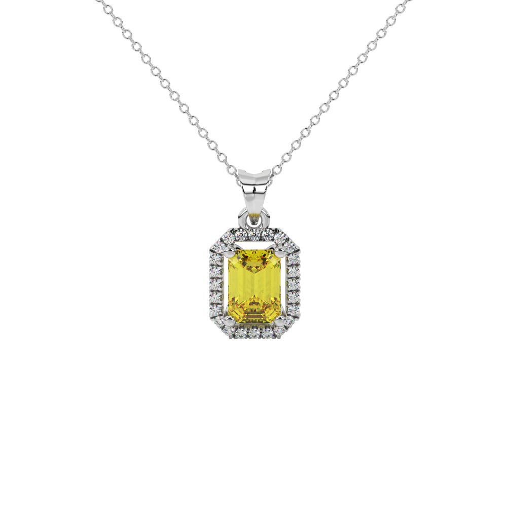 Emerald cut yellow gemstone halo pendant with round diamond accents