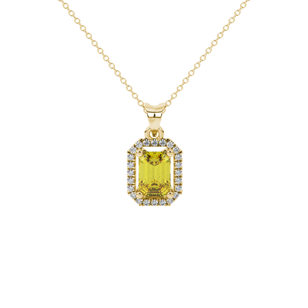 Emerald cut yellow gemstone halo pendant with round diamond accents