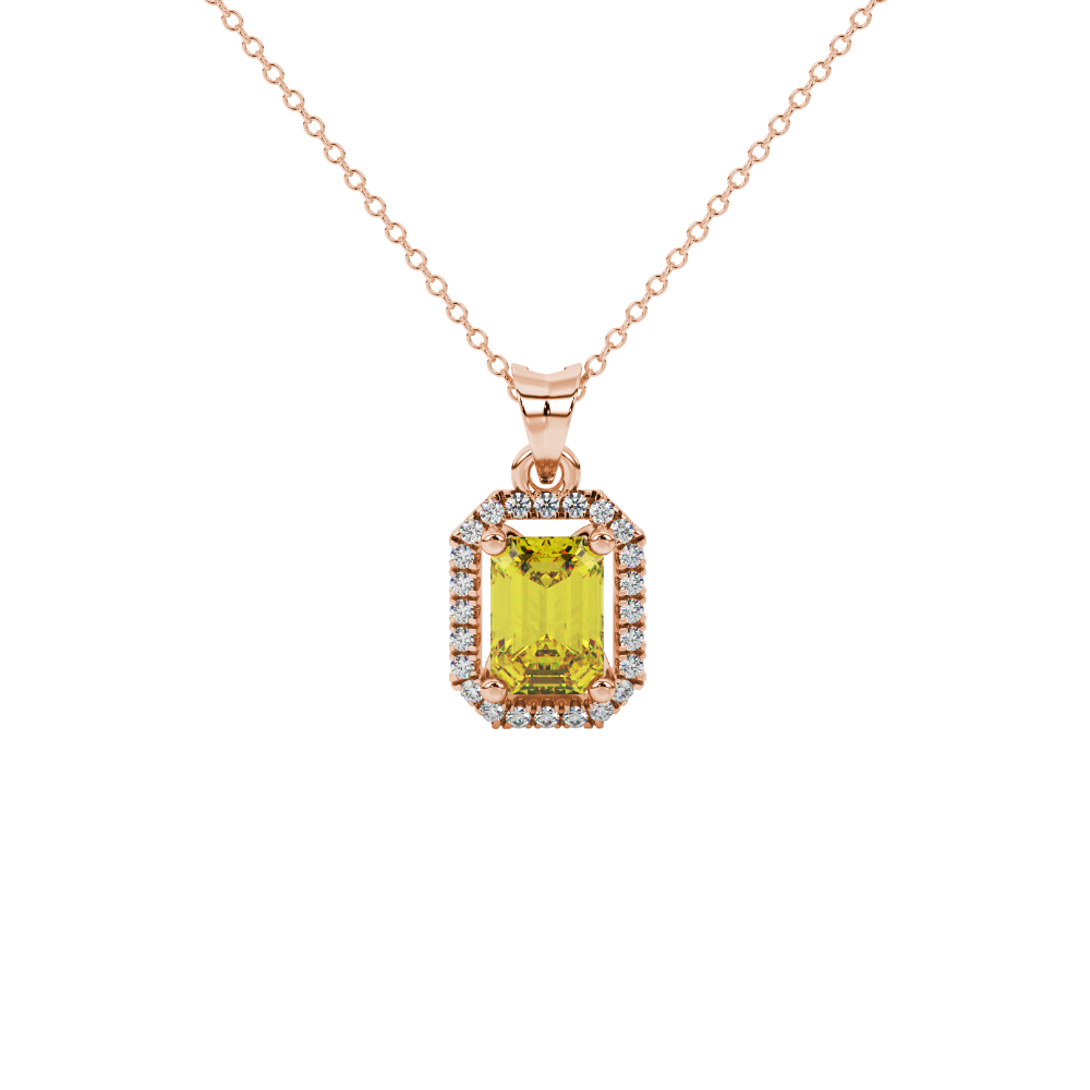 Emerald cut yellow gemstone halo pendant with round diamond accents