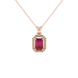 Emerald cut red gemstone halo pendant with round diamond accents