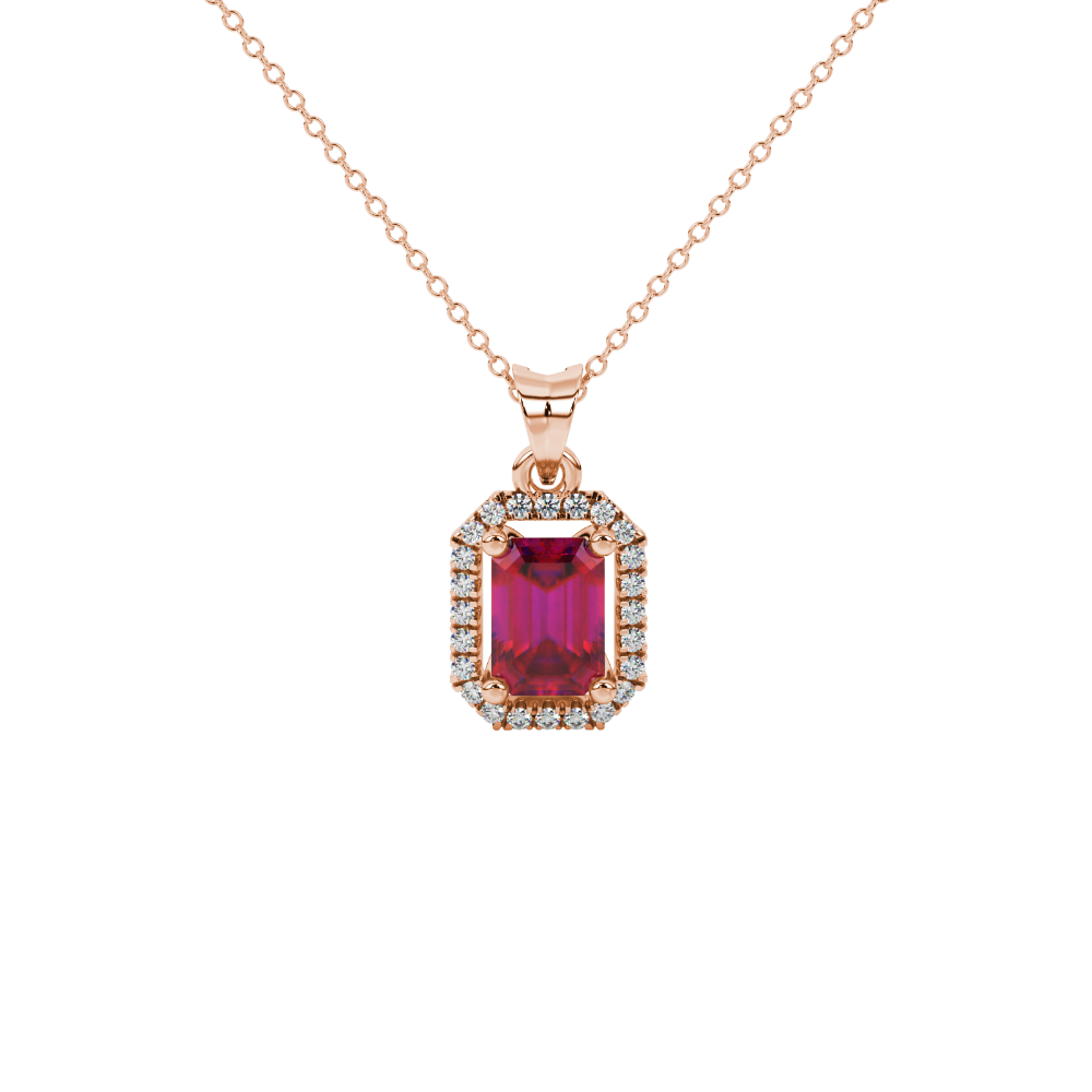 Emerald cut red gemstone halo pendant with round diamond accents