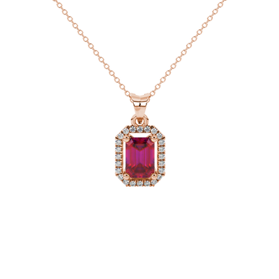 Emerald cut red gemstone halo pendant with round diamond accents
