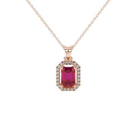 Emerald cut red gemstone halo pendant with round diamond accents