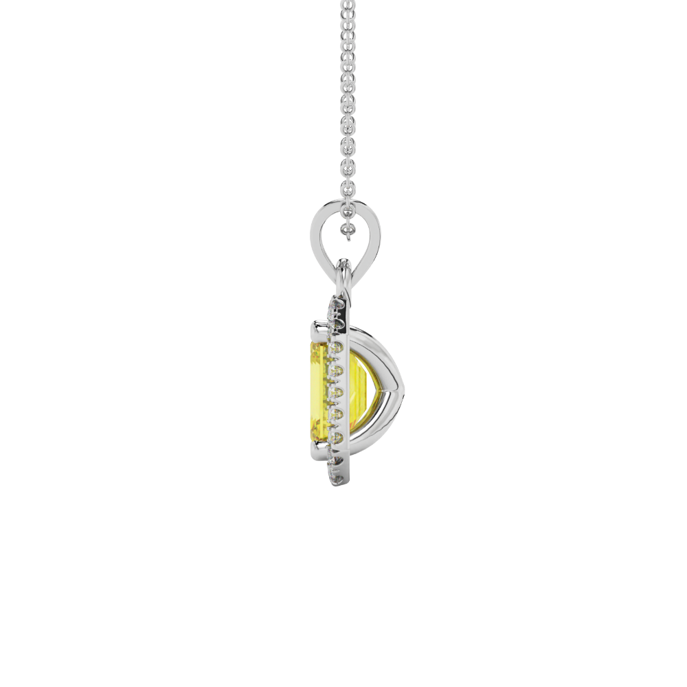 Emerald cut yellow gemstone halo pendant with round diamond accents