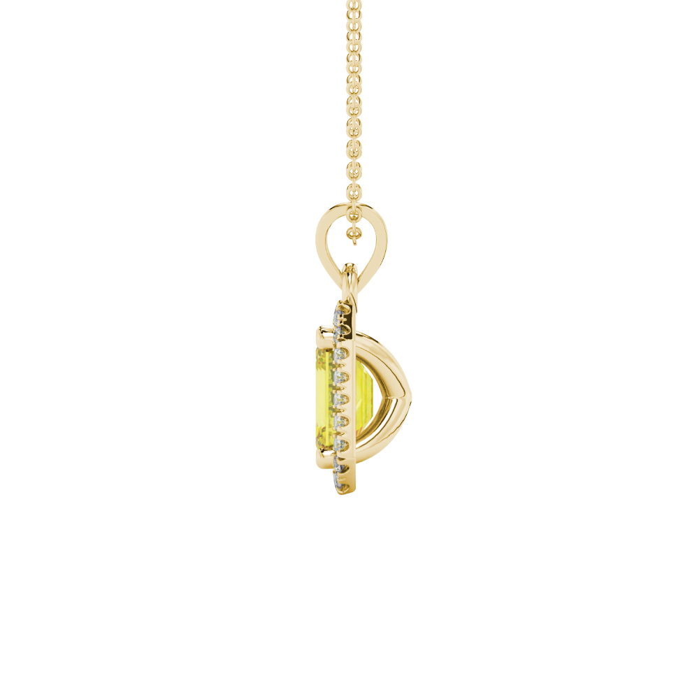 Emerald cut yellow gemstone halo pendant with round diamond accents