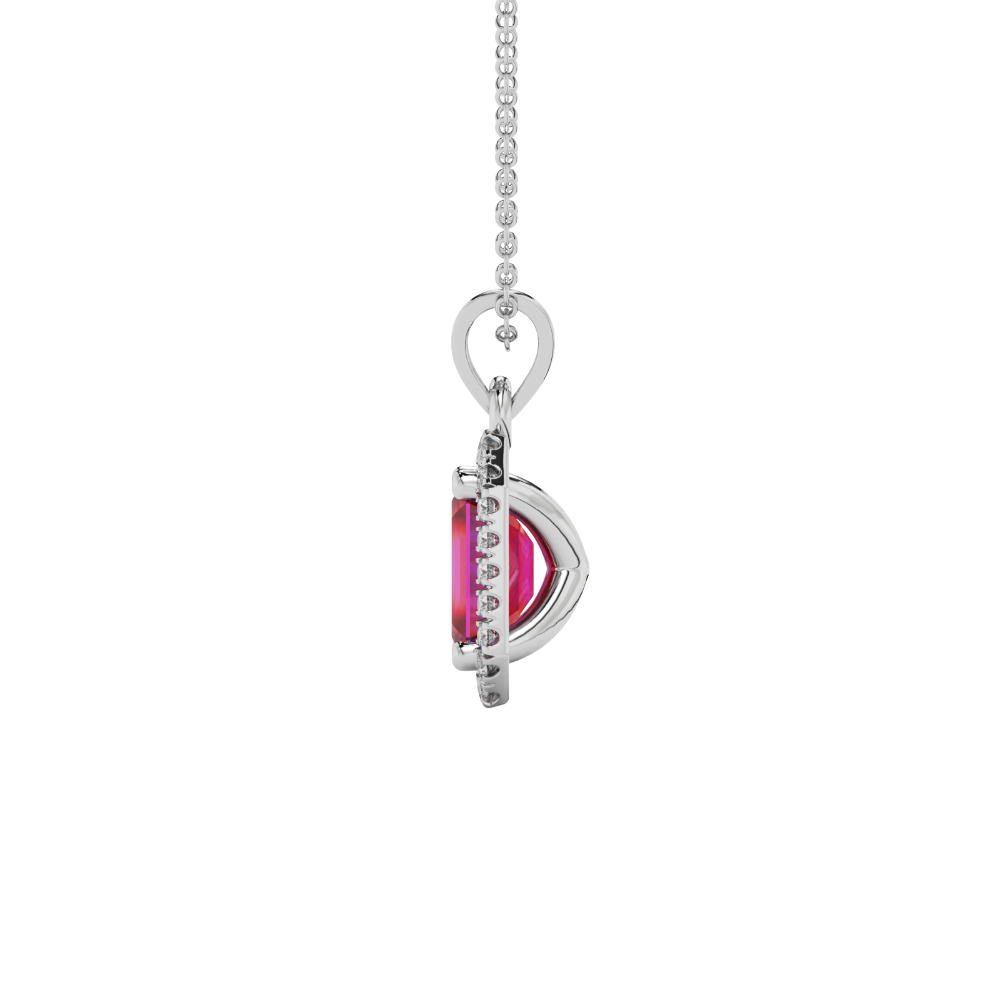 Emerald cut red gemstone halo pendant with round diamond accents
