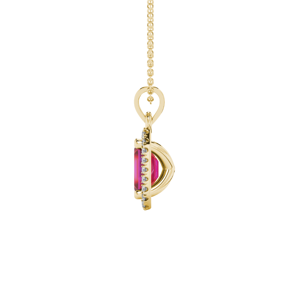 Emerald cut red gemstone halo pendant with round diamond accents