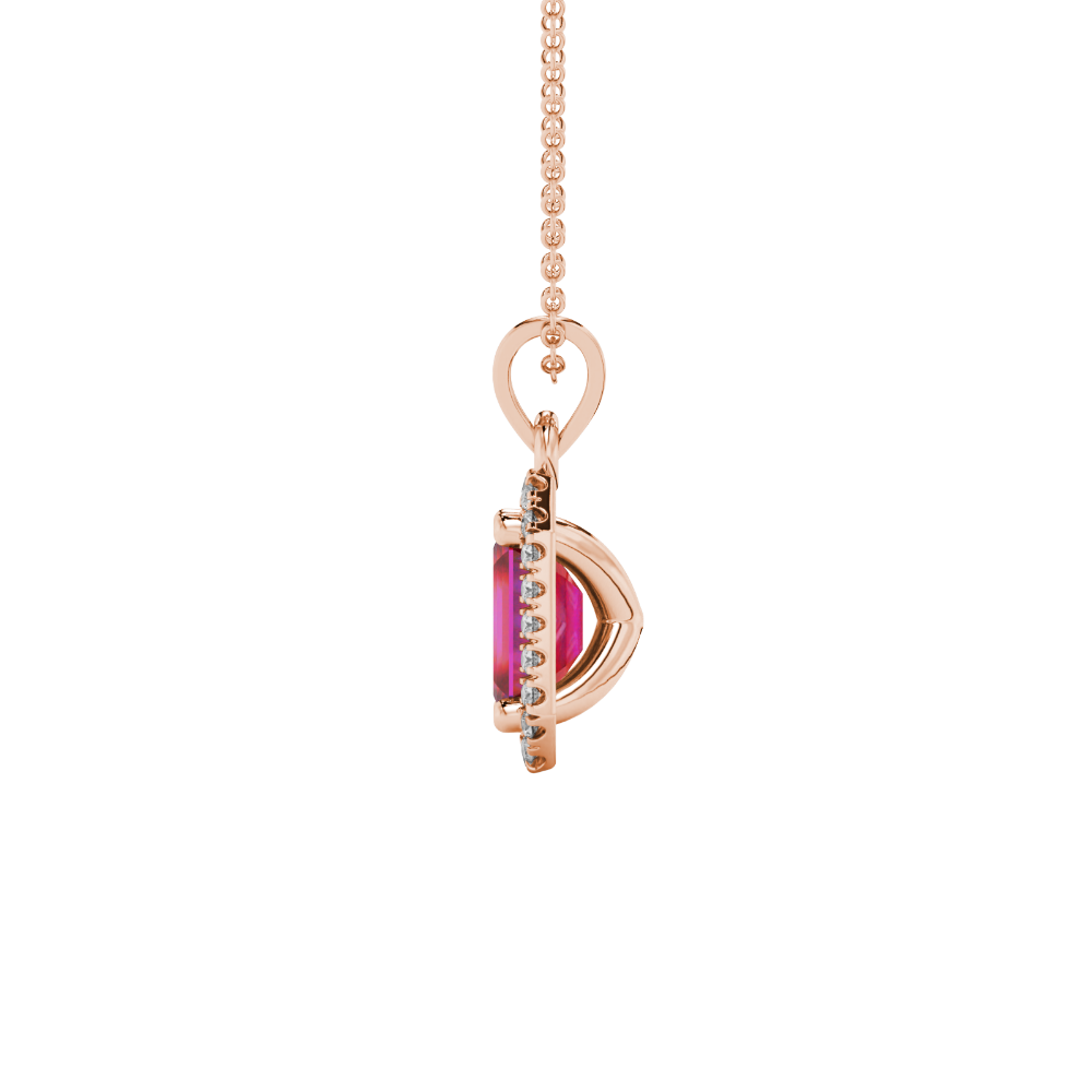 Emerald cut red gemstone halo pendant with round diamond accents