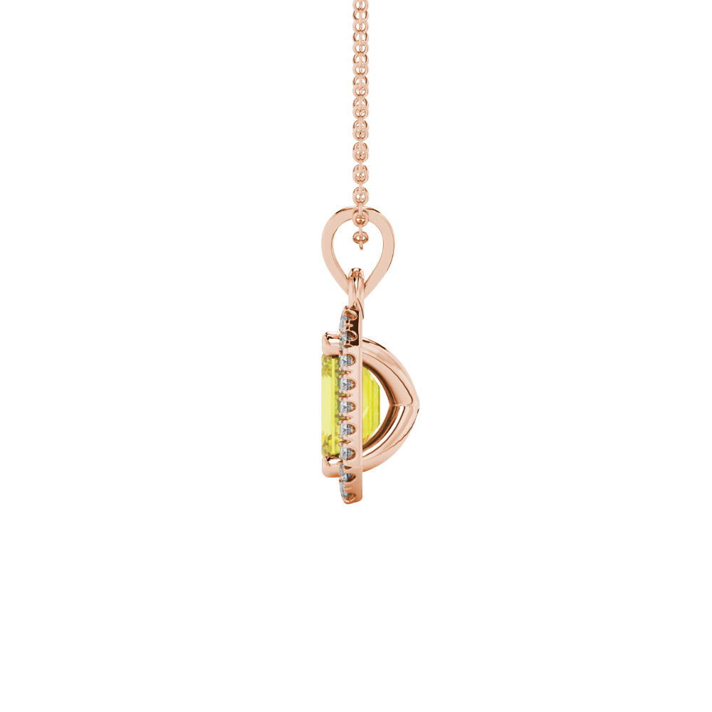 Emerald cut yellow gemstone halo pendant with round diamond accents