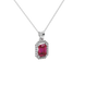 Emerald cut red gemstone halo pendant with round diamond accents