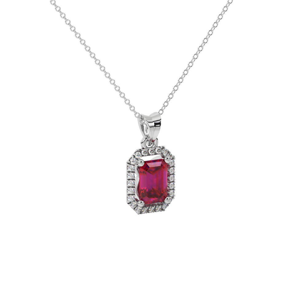 Emerald cut red gemstone halo pendant with round diamond accents