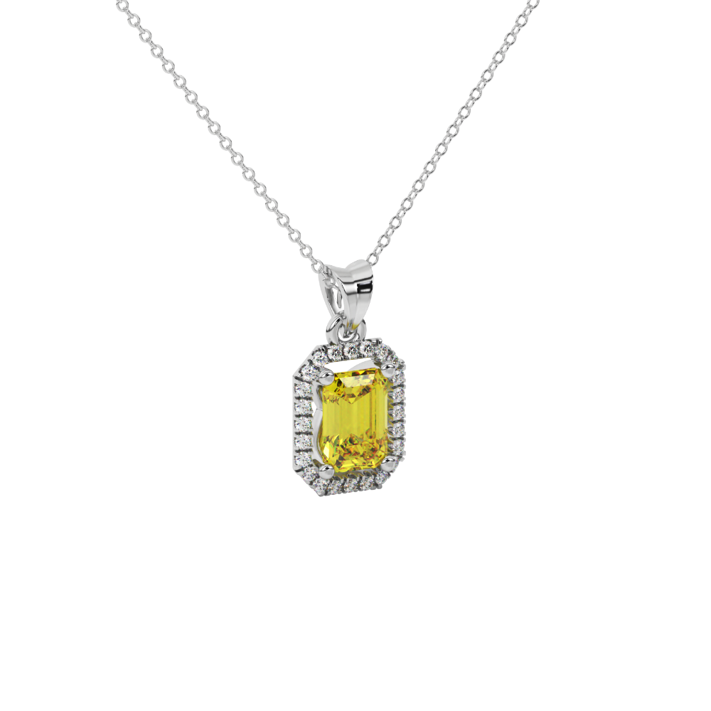 Emerald cut yellow gemstone halo pendant with round diamond accents
