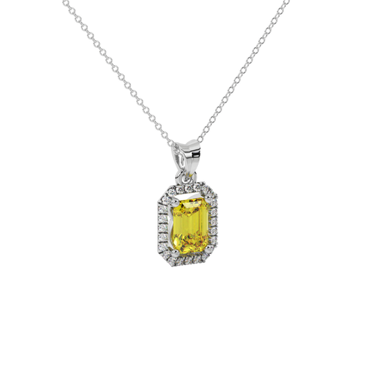 canary yellow gemstone halo pendant in white gold

