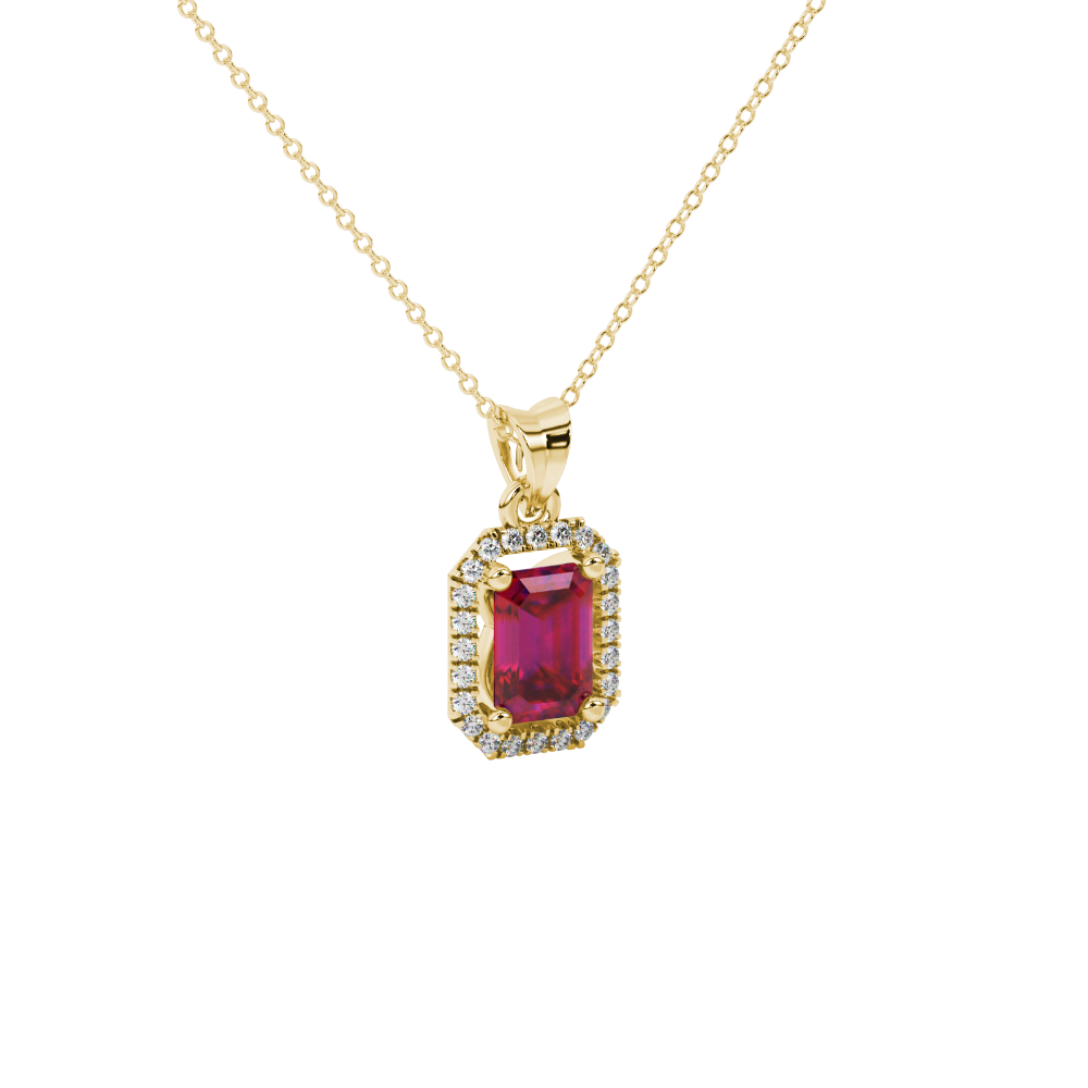 Emerald cut red gemstone halo pendant with round diamond accents