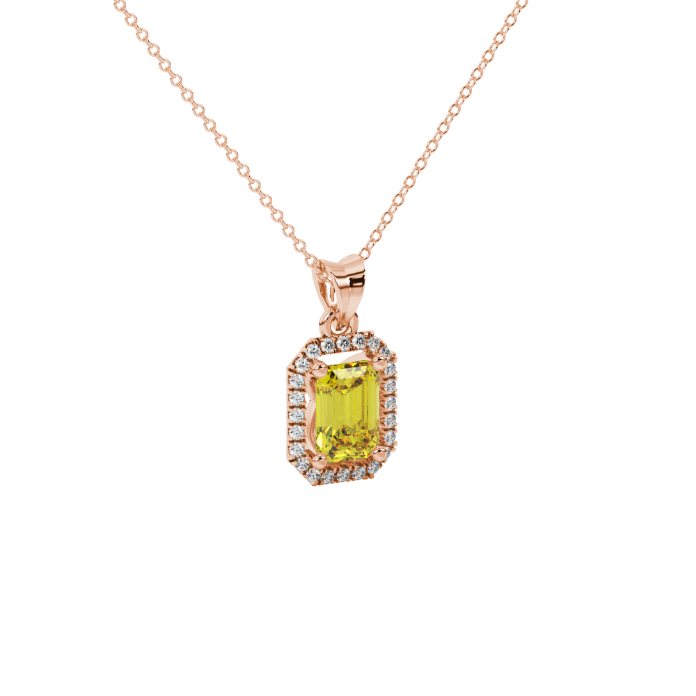 Emerald cut yellow gemstone halo pendant with round diamond accents