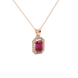 Emerald cut red gemstone halo pendant with round diamond accents