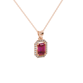 raspberry red gemstone halo pendant in rose gold
