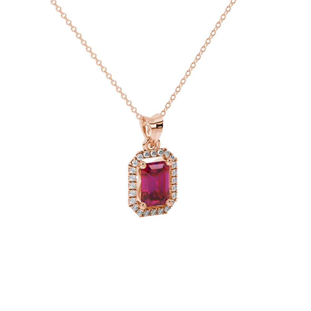 Emerald cut red gemstone halo pendant with round diamond accents