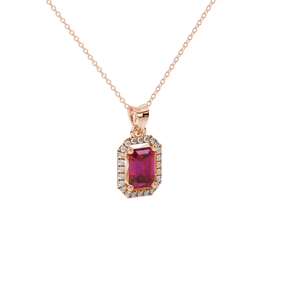 raspberry red gemstone halo pendant in rose gold
