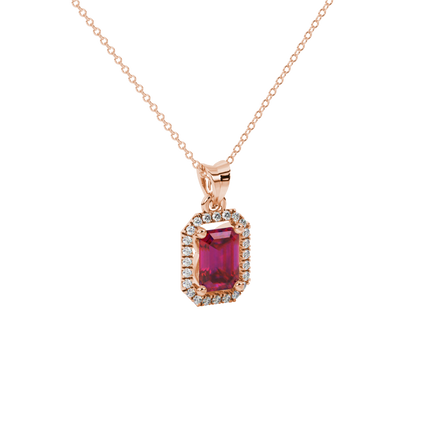 Emerald cut red gemstone halo pendant with round diamond accents