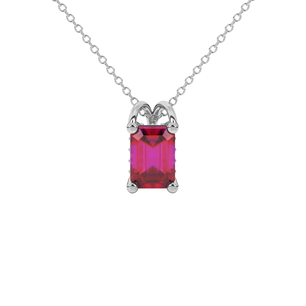 Emerald cut red gemstone solitaire pendant in rose gold four prong setting