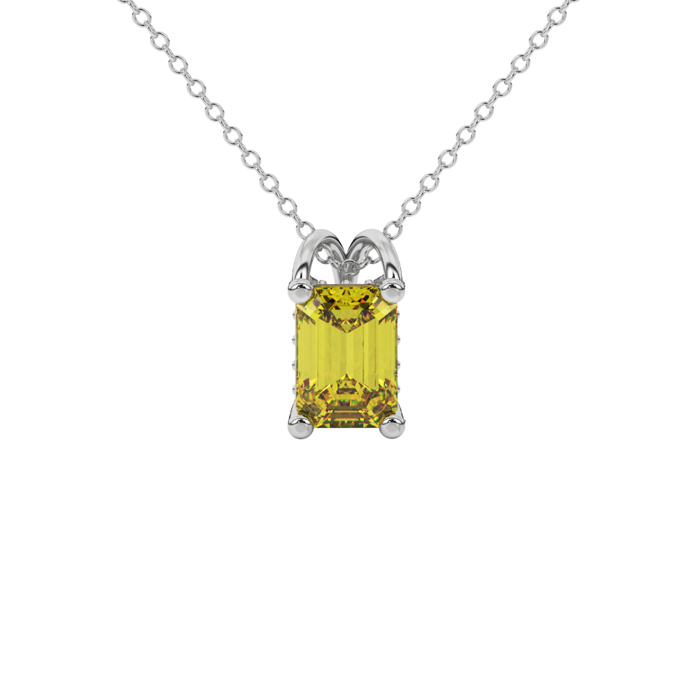 Emerald cut yellow gemstone solitaire pendant in yellow gold four prong setting