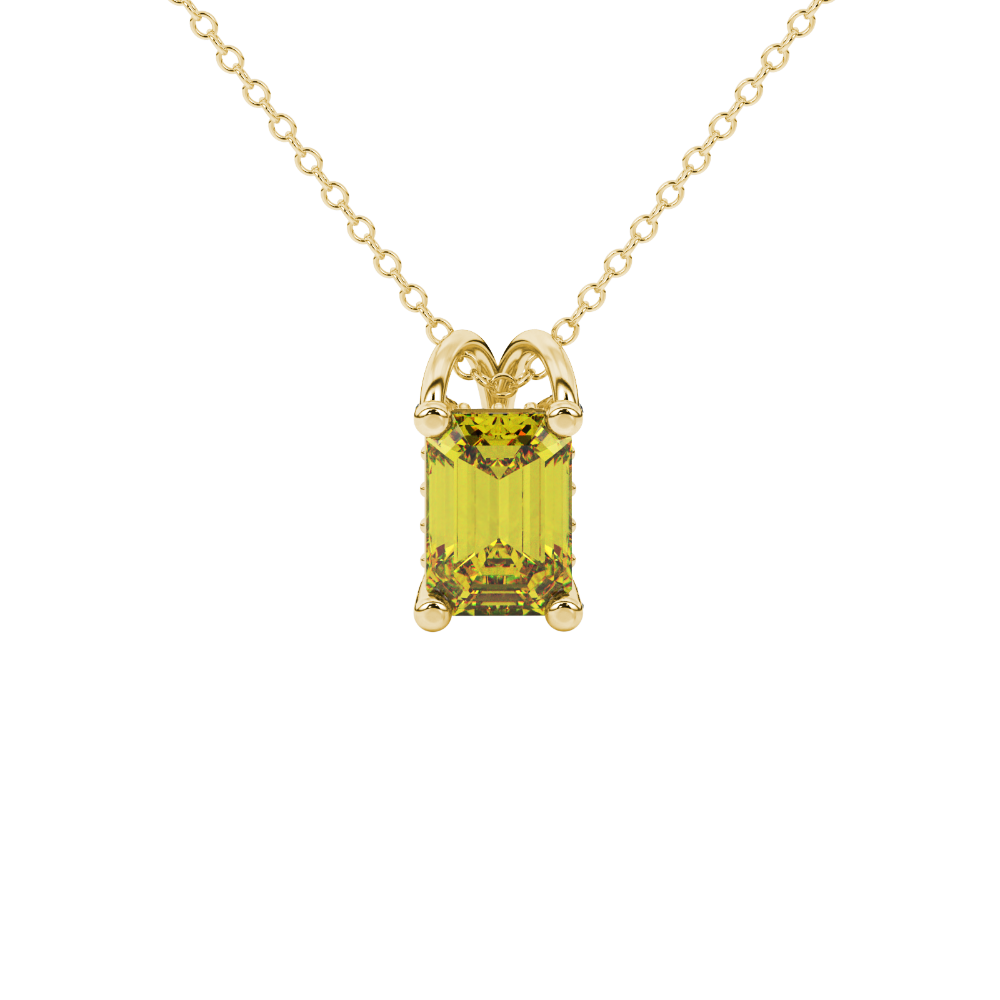 Emerald cut yellow gemstone solitaire pendant in yellow gold four prong setting
