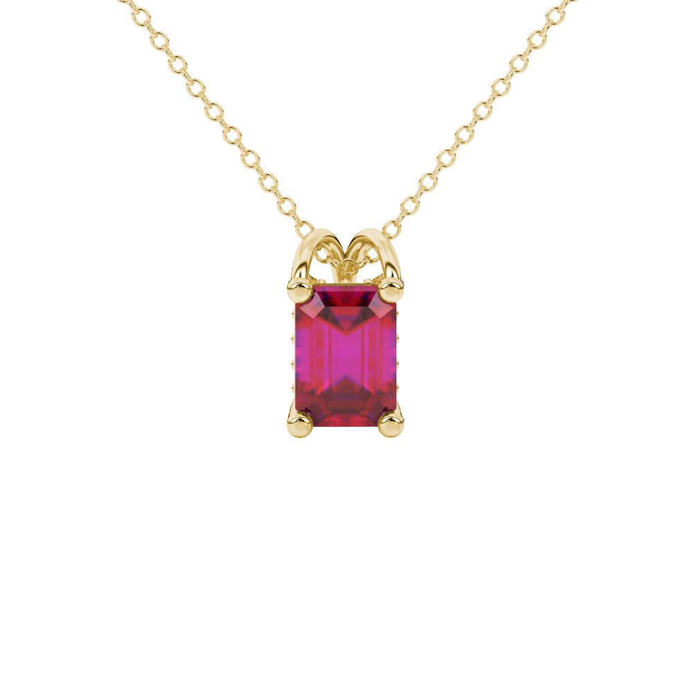 Emerald cut red gemstone solitaire pendant in rose gold four prong setting