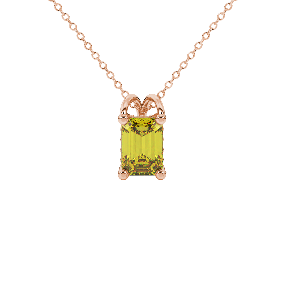 Emerald cut yellow gemstone solitaire pendant in yellow gold four prong setting