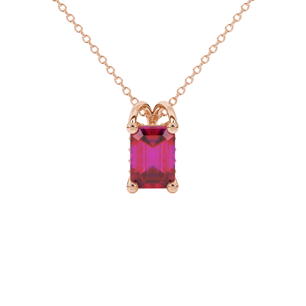 Emerald cut red gemstone solitaire pendant in rose gold four prong setting
