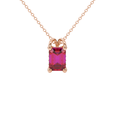 Emerald cut red gemstone solitaire pendant in rose gold four prong setting
