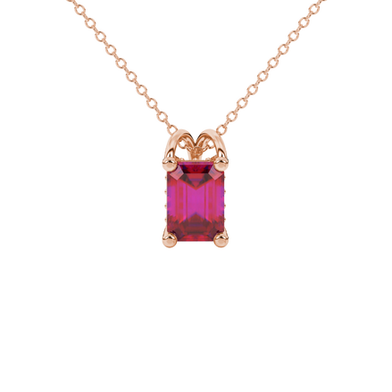 Emerald cut red gemstone solitaire pendant in rose gold four prong setting