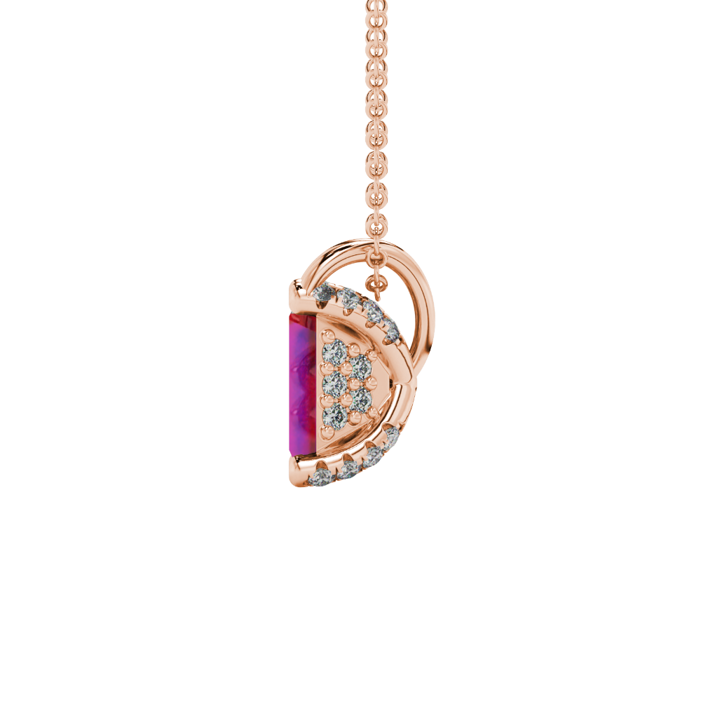 Emerald cut red gemstone solitaire pendant in rose gold four prong setting