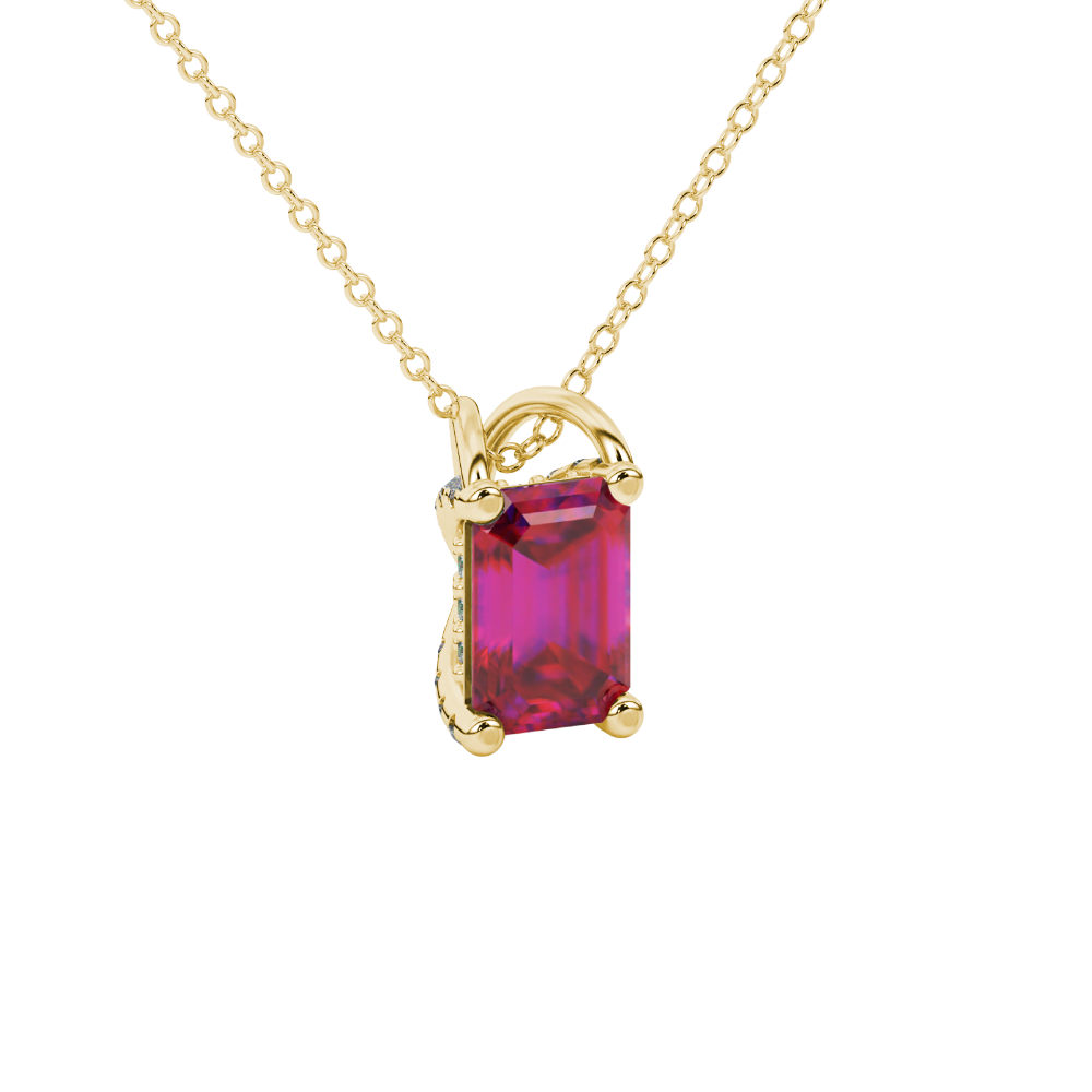 Emerald cut red gemstone solitaire pendant in rose gold four prong setting