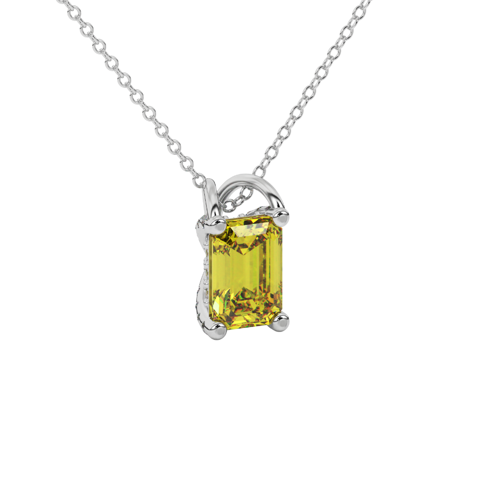 Emerald cut yellow gemstone solitaire pendant in yellow gold four prong setting