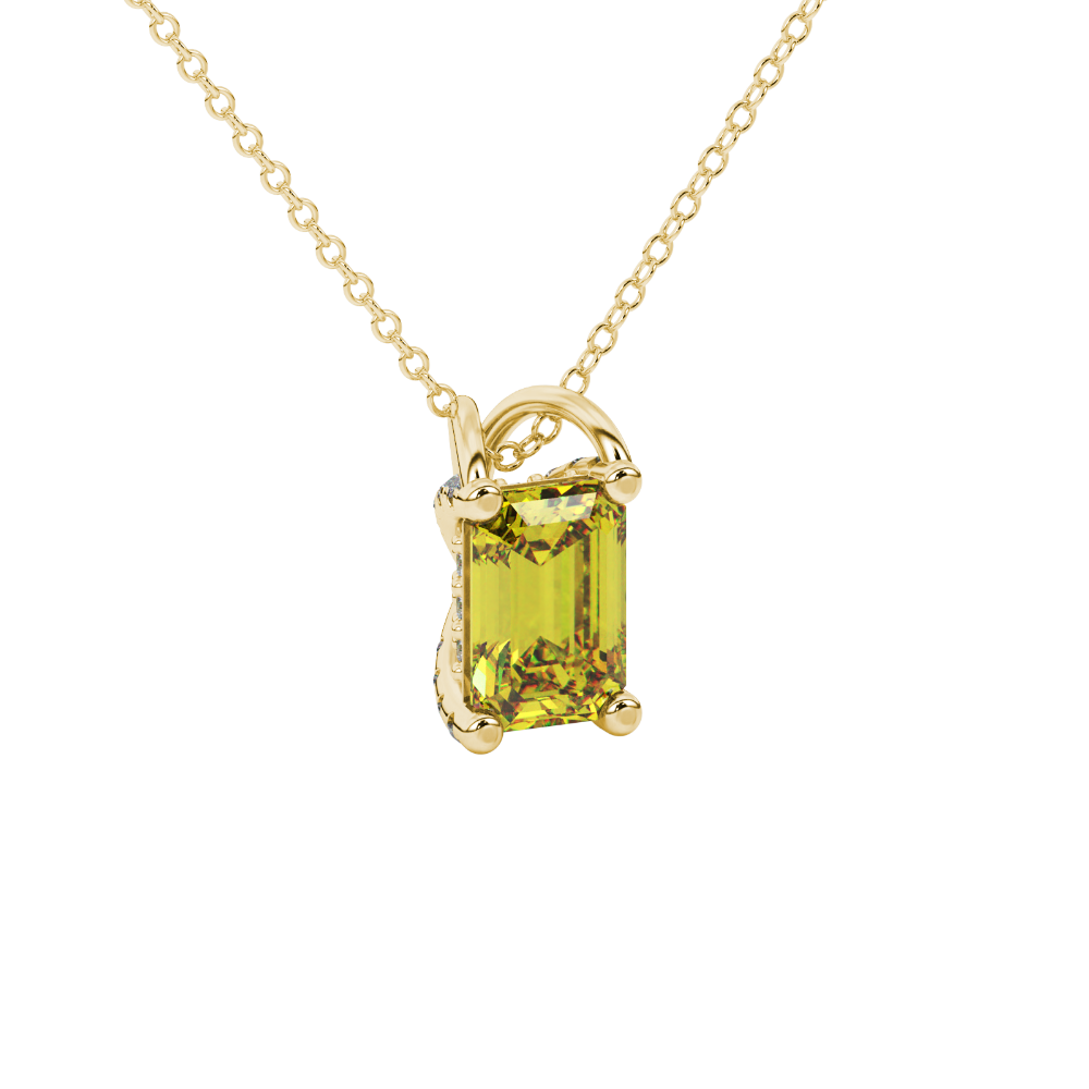 Emerald cut yellow gemstone solitaire pendant in yellow gold four prong setting