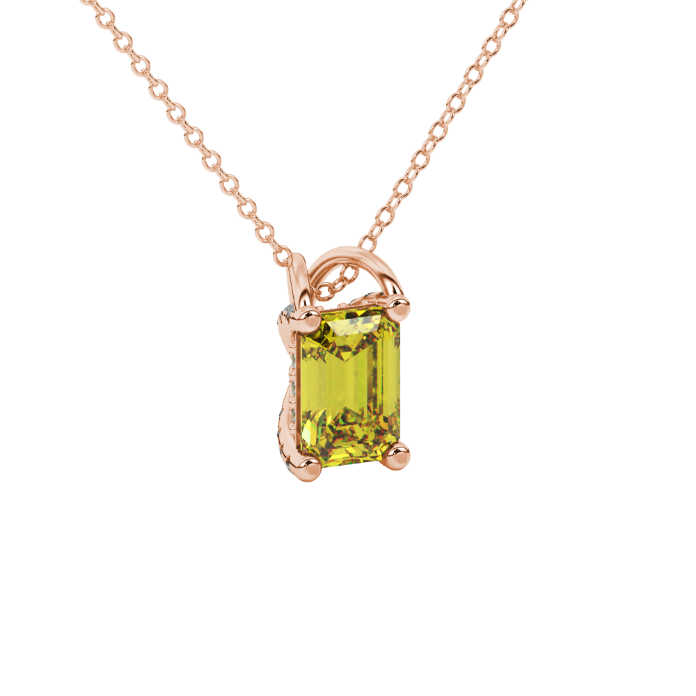 Emerald cut yellow gemstone solitaire pendant in yellow gold four prong setting