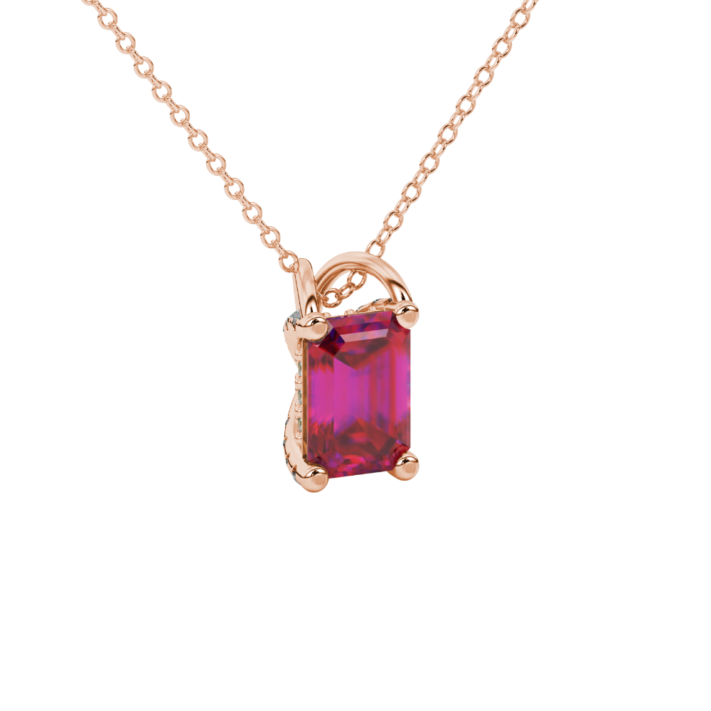 Emerald cut red gemstone solitaire pendant in rose gold four prong setting