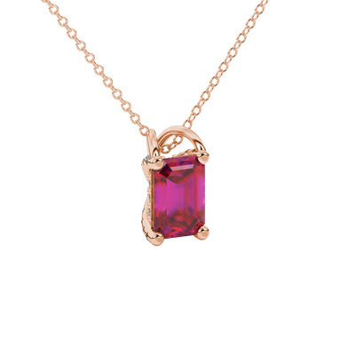 Emerald cut red gemstone solitaire pendant in rose gold four prong setting