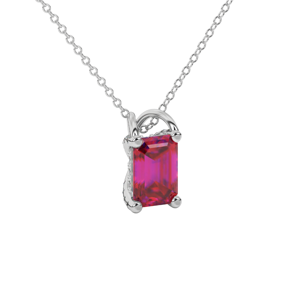 Emerald cut red gemstone solitaire pendant in rose gold four prong setting